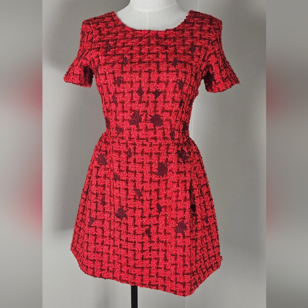 NWT Fanm‎ Mon Samantha Tweed Embroidered  Cap Sleeve A-line Mini Dress: Red: XS